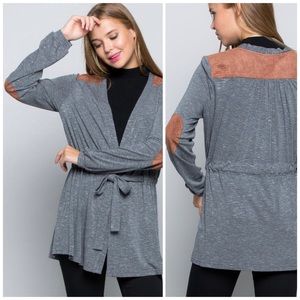 NWT! Gray Suede Patch Cardigan with Tie Waist